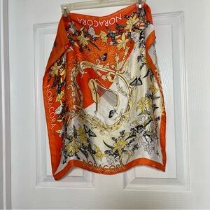Noracora VTG Floral Orange and Yellow Silk Scarf with Harp & Violin